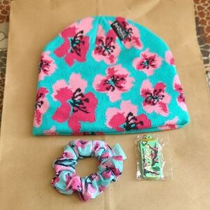 Rare Retired Arizona Iced Tea Cherry Blossom Beanie Hat, Scrunchie And Key Chain